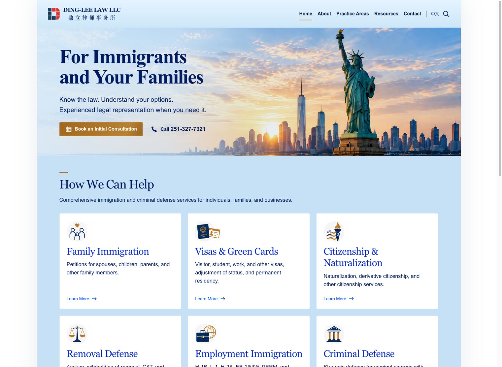 The rebuilt Ding-Lee Law homepage on dingleelaw.com